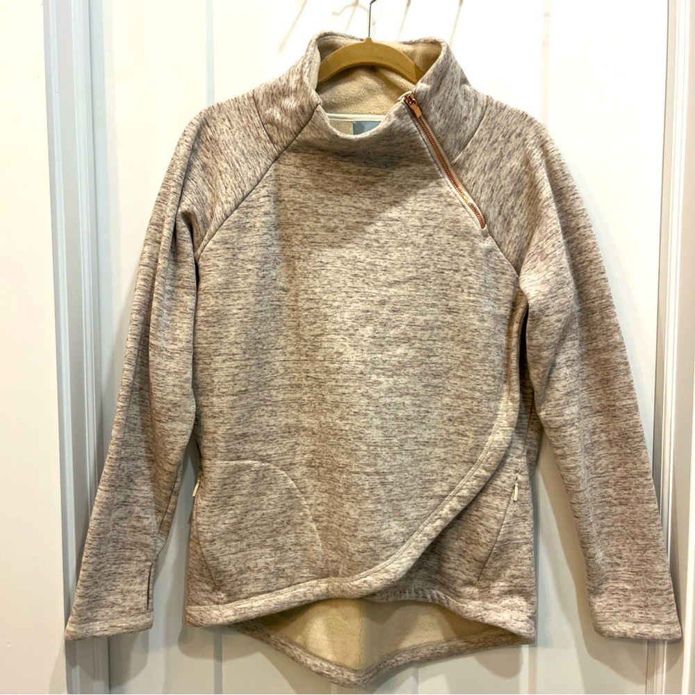 Athleta Women’s Cross Front Funnel Neck Rose Gold Size Medium zip pockets EUC